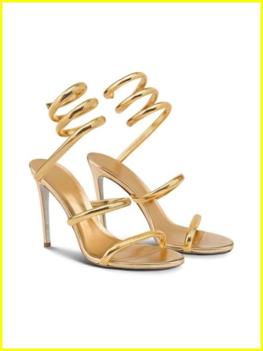 Faux Leather Gold Stiletto Heeled Sandals with Spiral Straps